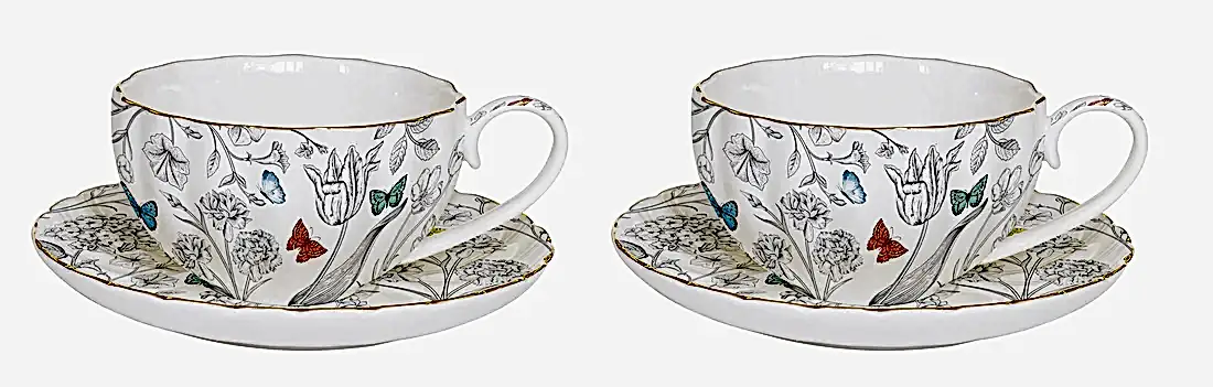 Porselen Çay Fincanı ve Tabağı 200 ml - Kelebek Desenli