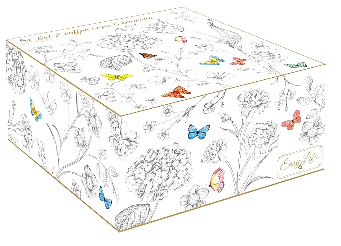 Porselen Çay Fincanı ve Tabağı 200 ml - Kelebek Desenli