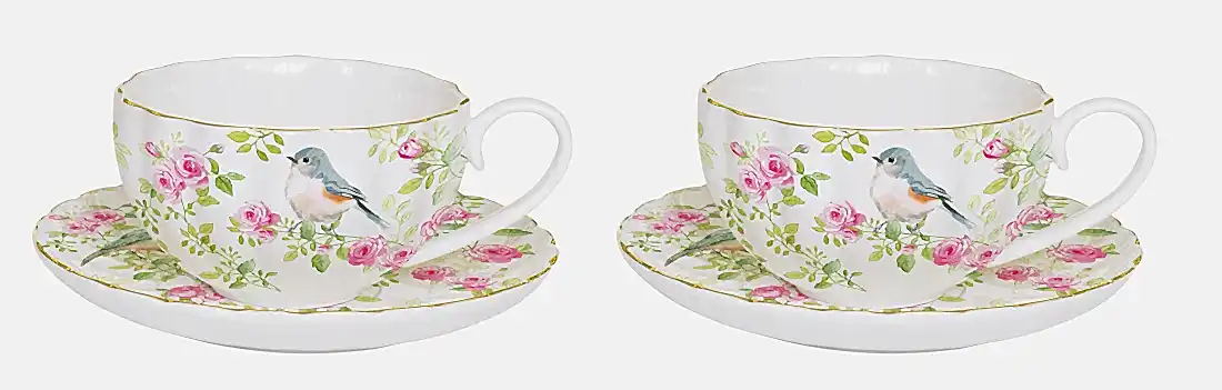 Porselen Çay Fincanı ve Tabağı 200 ml - Kuş Desenli