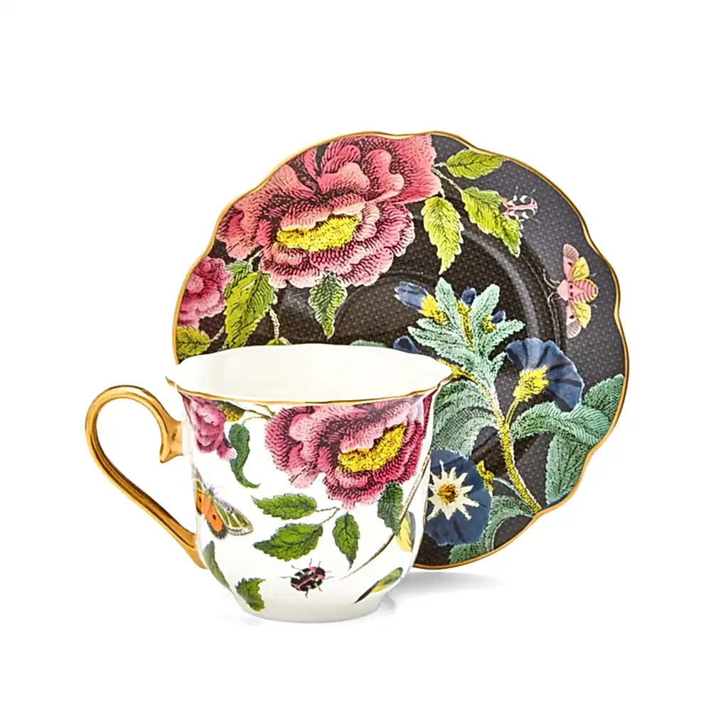 Creatures of Curiosity Çay Fincanı ve Tabağı 260 ml - Siyah Çiçekli